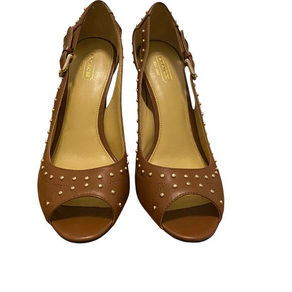 Coach (Style Q1293) Billee Golden Studded Peep Toe 4" Heels Size 9B in Brown - Picture 4 of 15